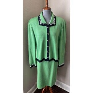 St. John Collection by Marie Gray Size 14 Green Navy Floral Trimmed Knit Suit